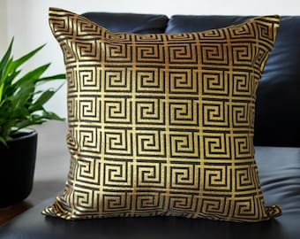 Gold Greek Key Pillow Cover: Chenille Baroque Cushion, Designer Geometric