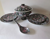 Chinese Porcelain Famille Rose Nori Millefleur, Tureen, Spoon, 2 Large Plates, 2 Small Plates Hand Painted Details, Chinese red Markings