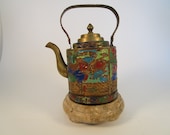 Rare Vintage Chinese Brass Teapot, Beautiful Hand Painted Enamel Chinese Antique Tea Kettle, Metal Asian Teapot, Kitchen Decor