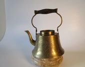 Antique Chinese Brass Teapot, Hand Etched Vintage Brass Tea Kettle With Wood Handle, Metal Asian Teapot, Vintage Chinese, Circa 20th Century