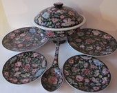 Chinese Porcelain Famille Rose Dinnerware Plates, Soup Tureen, Spoon, Hand Painted Millefleur Floral Design, Vintage Chinese Red Marking
