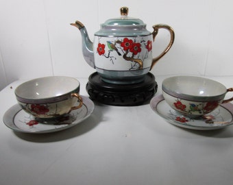 Japanese Takito Luster Ware Tea Set Hand Painted Gold Gilded Accents