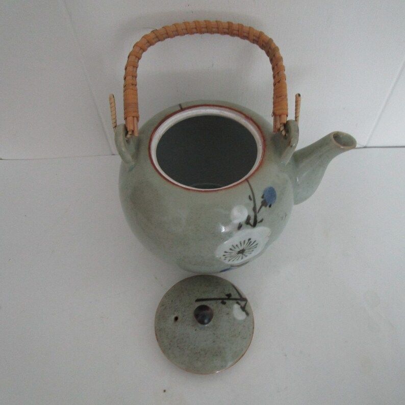 Japan Celadon Teapot Otagiri Hand Crafted bamboo handle