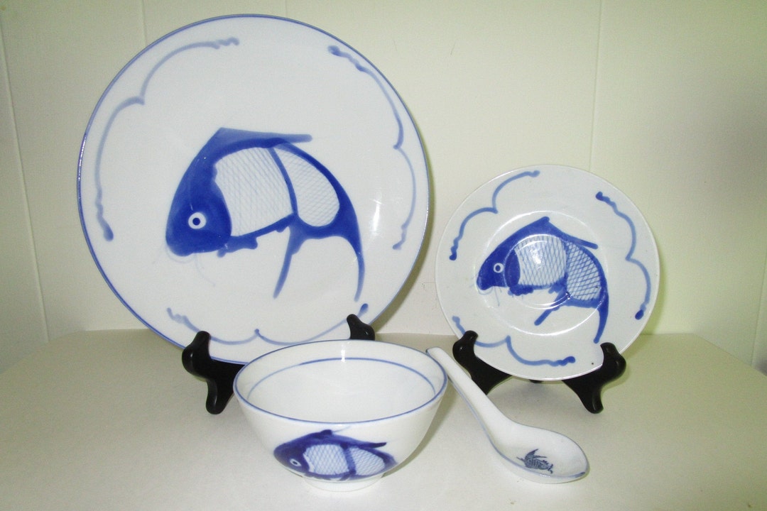 Koi Fish Dinnerware Set, Cobalt Blue White Porcelain Antique Plate Bowl