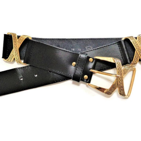 Black Leather Wide Womens Belt, Gold Buckle Belt