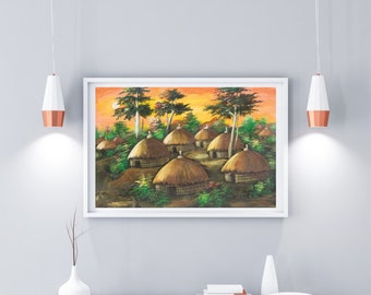 African village with blue background