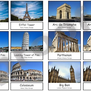 Tarjetas Montessori de 3 partes sobre lugares de interés mundial y la vuelta al mundo para Safari Toobs Archivo PDF