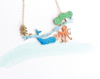 Whale & Octopus Handmade Brass Necklace