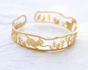 Black Cat and Swallow Bird in the Garden Handmade Brass Bangle