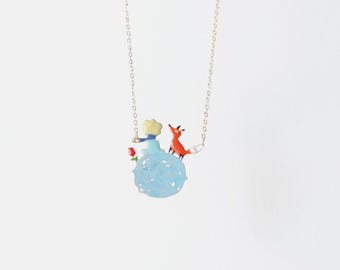 Kleiner Prinz, Fuchs und Rose Handmade Messing Halskette