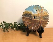 Vintage Folk Art painted saw blade circular 7 1 4 quot Fall cabin scene farmhouse rustic decor wall hanging primitive