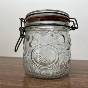 Vintage glass 1/2 liter glass jar canister with wire bail sealing lid Fruit pattern design