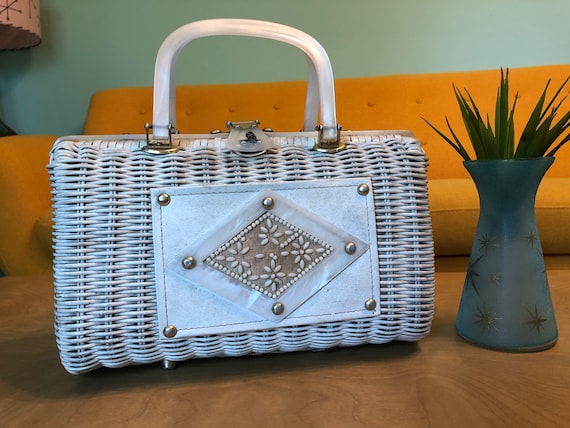 Vintage White Wicker & Lucite Handled Purse Made i