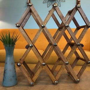 Vintage Boho Wooden Wine Bottle storage accordion shelf holds 10 bottles