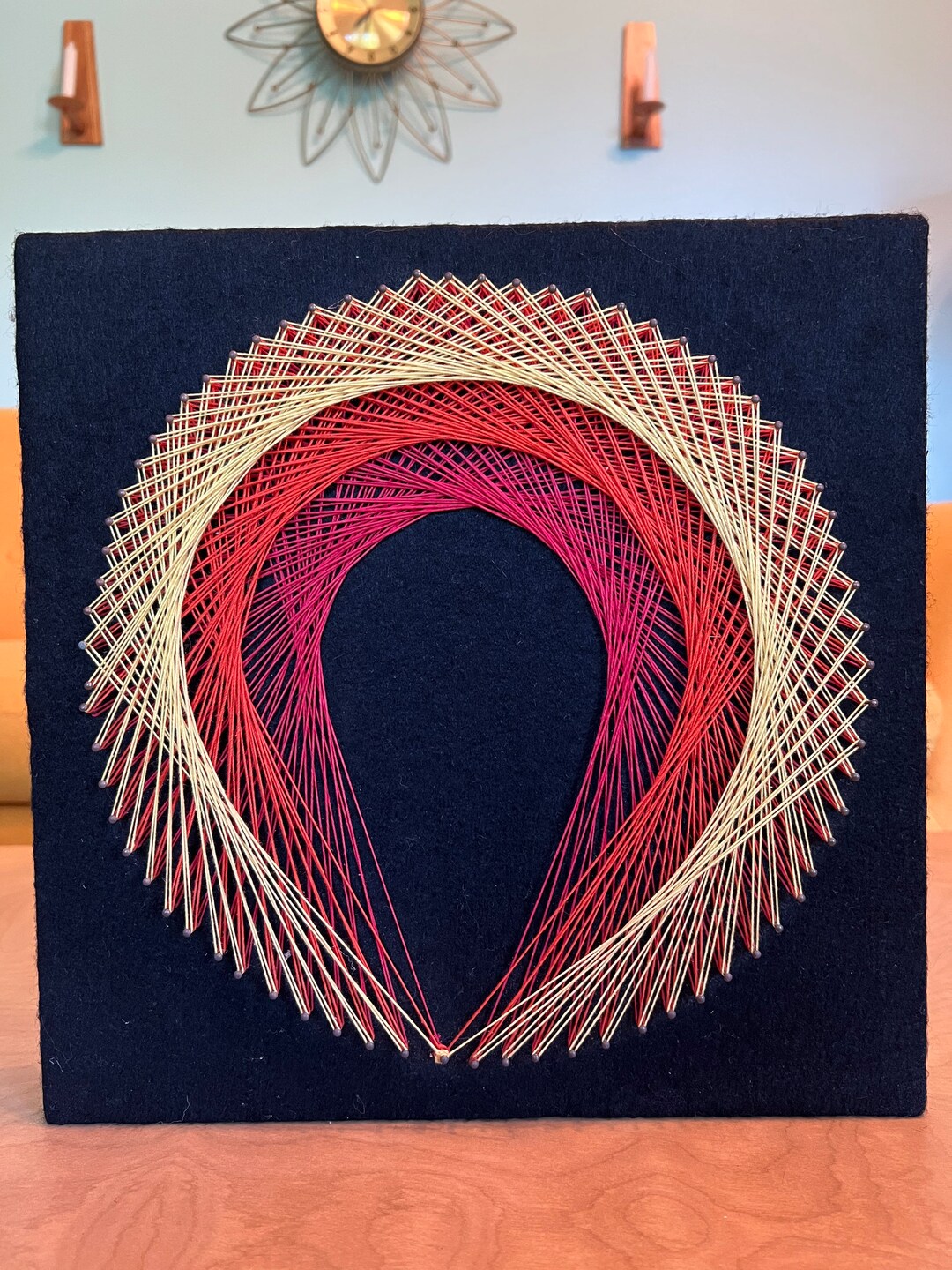 Vintage 1985 String Art Work Red Yellow Orange on Black 1980s Etsy