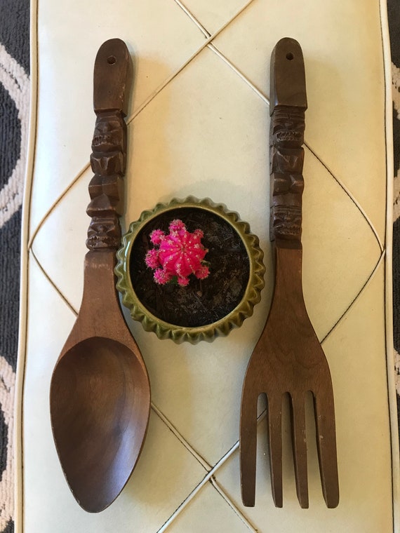 Vintage Mid Century Tiki Wooden Spoon And Fork Set Hand Carved Image 0
