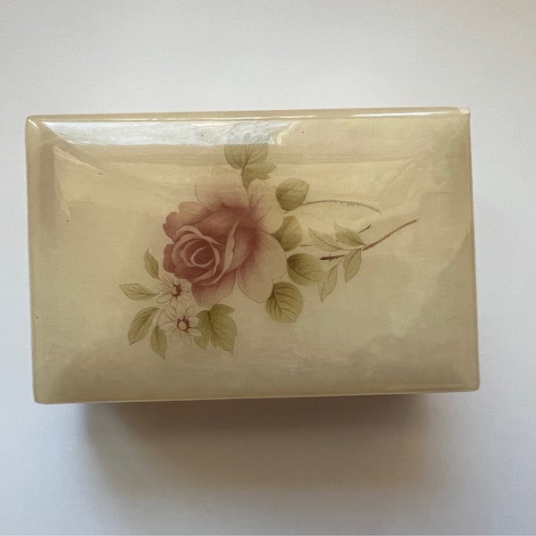 Vintage Alabaster Trinket Jewelry Box with Roses Italian