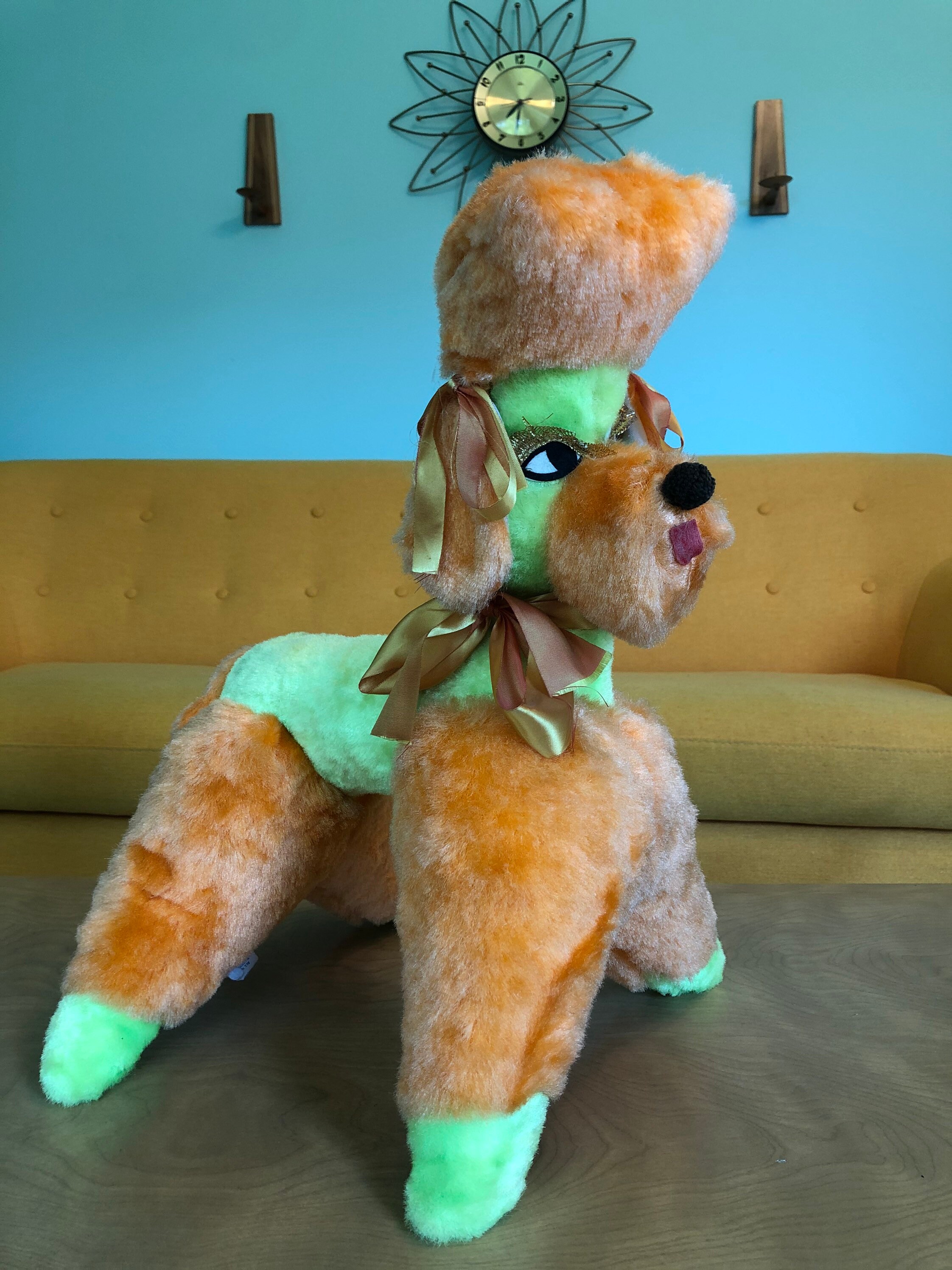 Large Vintage 1960s Plush Poodle Stuffed Animal Toy Orange