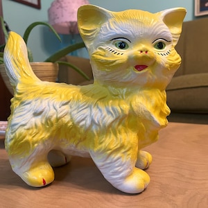 Vintage Ceramic Mid Century Modern Cat Piggy Coin Bank Yellow Retro