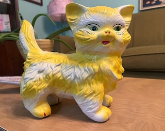 Vintage Ceramic Mid Century Modern Cat Piggy Coin Bank Yellow Retro