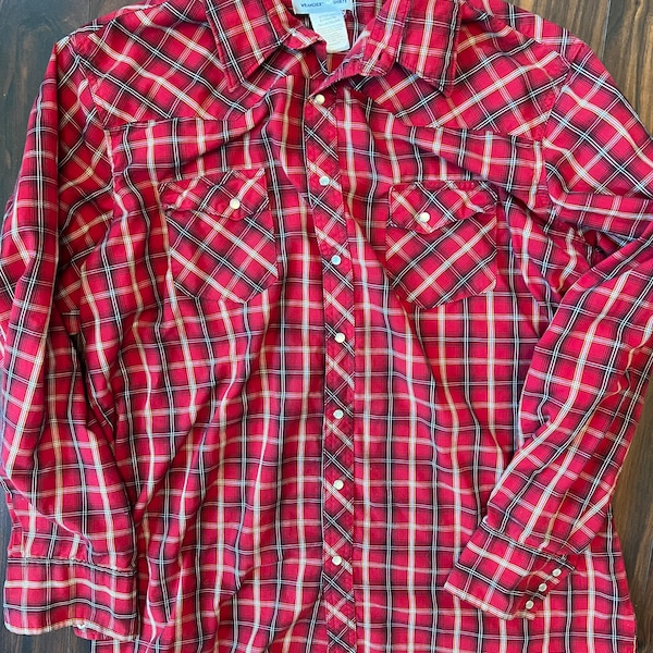 Vintage Wrangler Rancher Pearl Button Snap shirt Xl Tall plaid mens red western