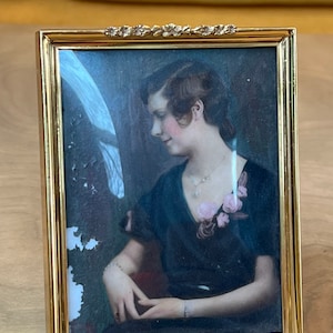 Antique framed hand painted portrait on glass woman 1930’s Goldtone