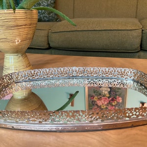 Vintage mid century dresser top vanity mirror gold ornate retro