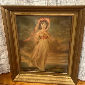 Vintage framed Pinkie girl print wooden ornate frame wall decor hanging picture