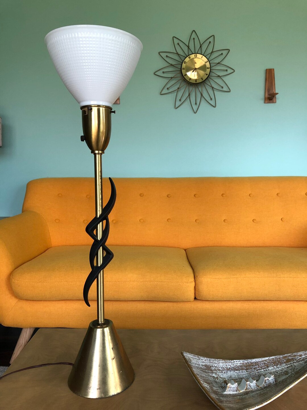 Vintage Mid Century Modern Brass Gold Lamp Milk Glass Shade Etsy