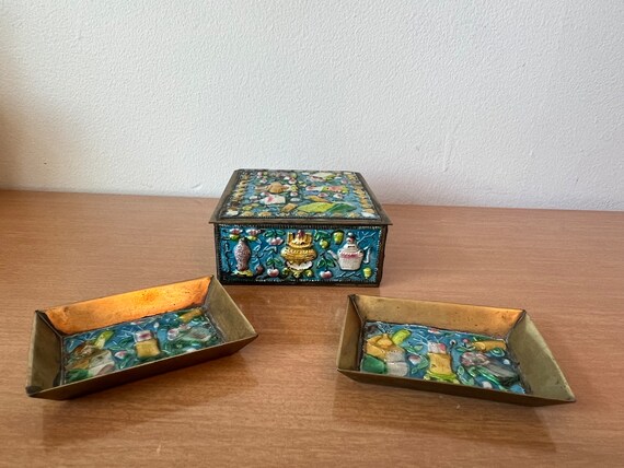 Vintage Trio of Enamel over copper cigarette box … - image 6