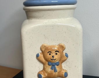 Vintage ceramic teddy bear cookie jar with blue lid 1980’s