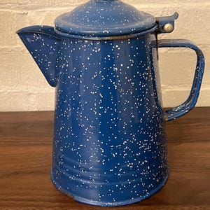 Vintage blue white speckled enamelware coffee pot Graniteware cowboy camping