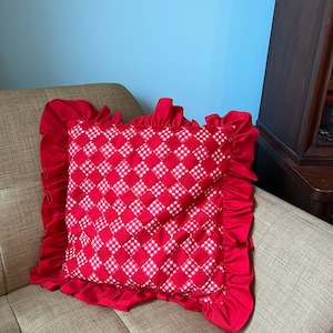 Large Vintage 1970’s Decorative Throw Pillow Quilt Quilted hand made ruffle Old red white