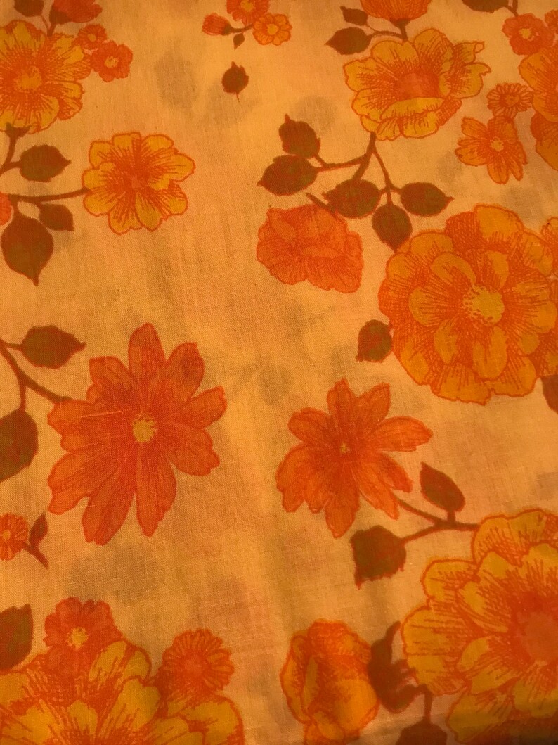 Vintage 1970s Twin Sheet Set Montgomery Ward Yellow Orange Flowers Groovy Bright Flat Fitted