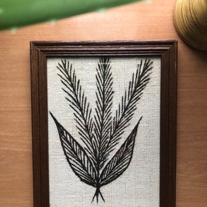 Vintage 1960’s Mid Century Modern Art Wall Decor framed leaf wheat on monks cloths stamped old retro