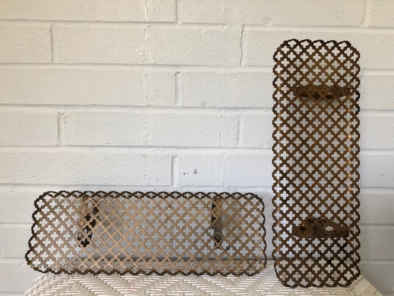 Pair Of Vintage Gold Mesh Quatrefoil Mid Century Metal Wall - Gold Quatrefoil Metal Wall Shelf Pair Of Vintage Gold Mesh Quatrefoil Mid Century Metal Wall - Gold Quatrefoil Metal Wall Shelf