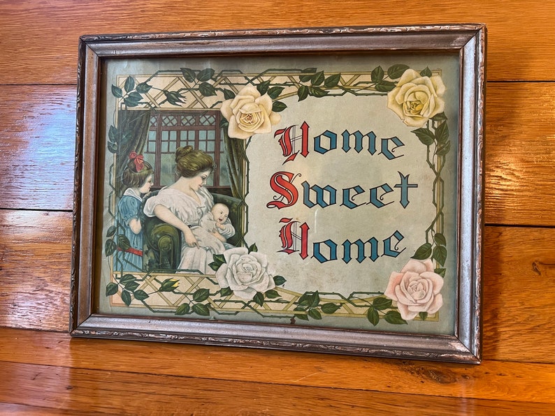 Antique home sweet home framed picture mother child image 1