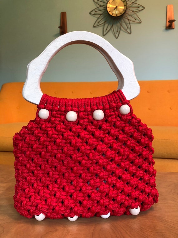 Vintage Red and White Macrame Purse with Wooden h… - image 1