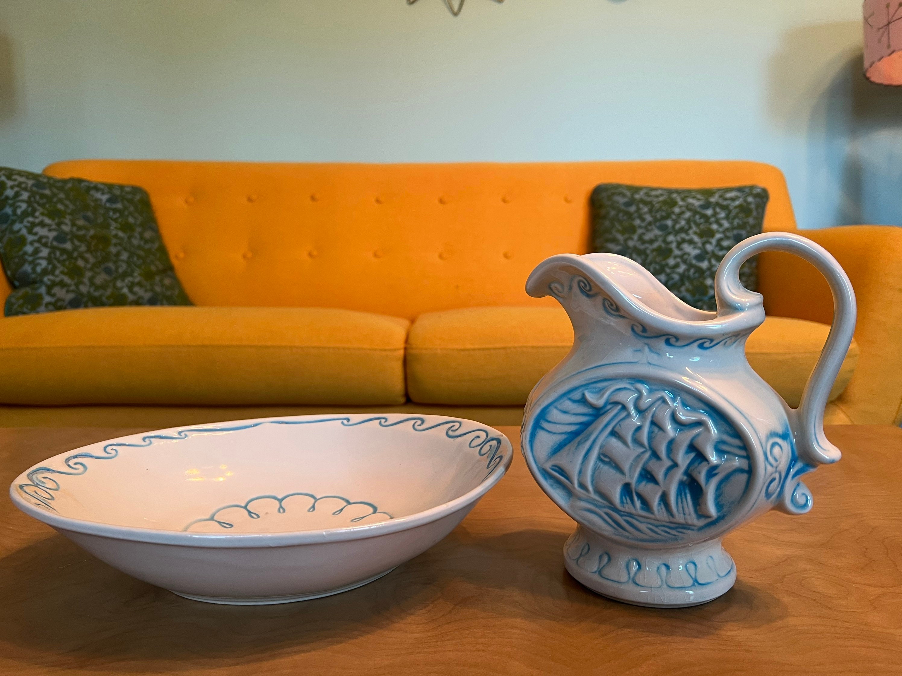 Vintage Mccoy Pottery Boat Ship Pitcher and Bowl Set Blue Etsy