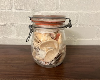 Vintage Le Parfait glass jar full of seashells beach comber decor