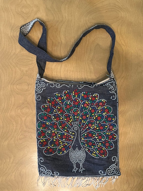 Vintage 1970’s Beaded Peacock Purse handbag denim 