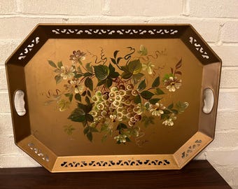 Large vintage floral hand painted toleware handled tray