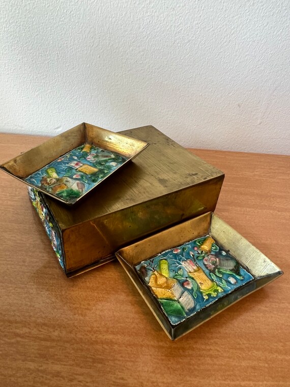Vintage Trio of Enamel over copper cigarette box … - image 9