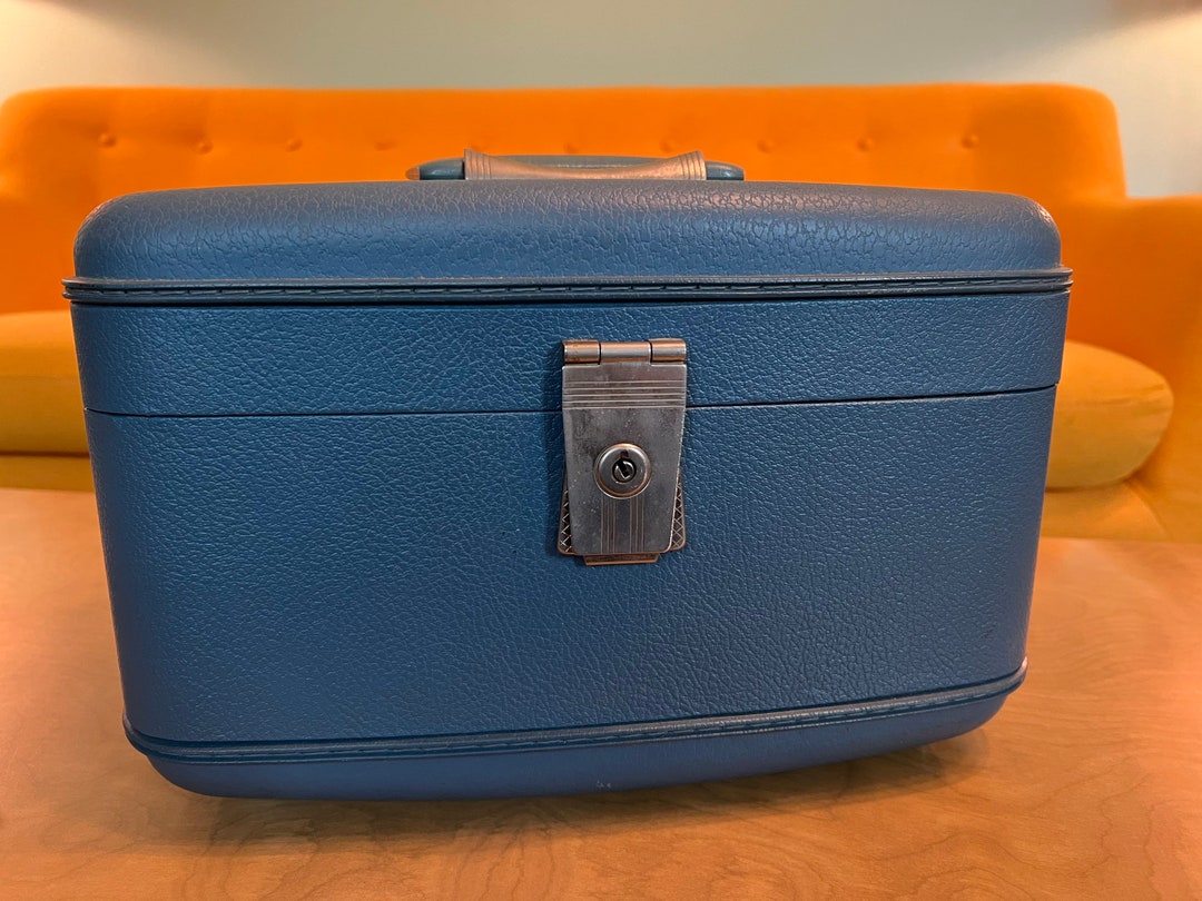 Vintage Blue Travel Joy Luggage Train Case Suitcase Old Home Decor