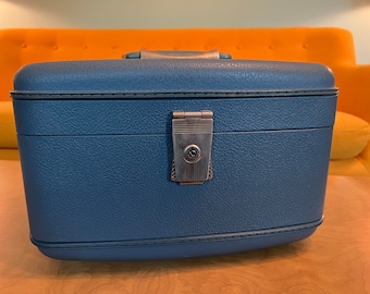 Vintage Blue Travel Joy Luggage Train Case Suitcase Old Home Decor Travel overnight FREE SHIPPING