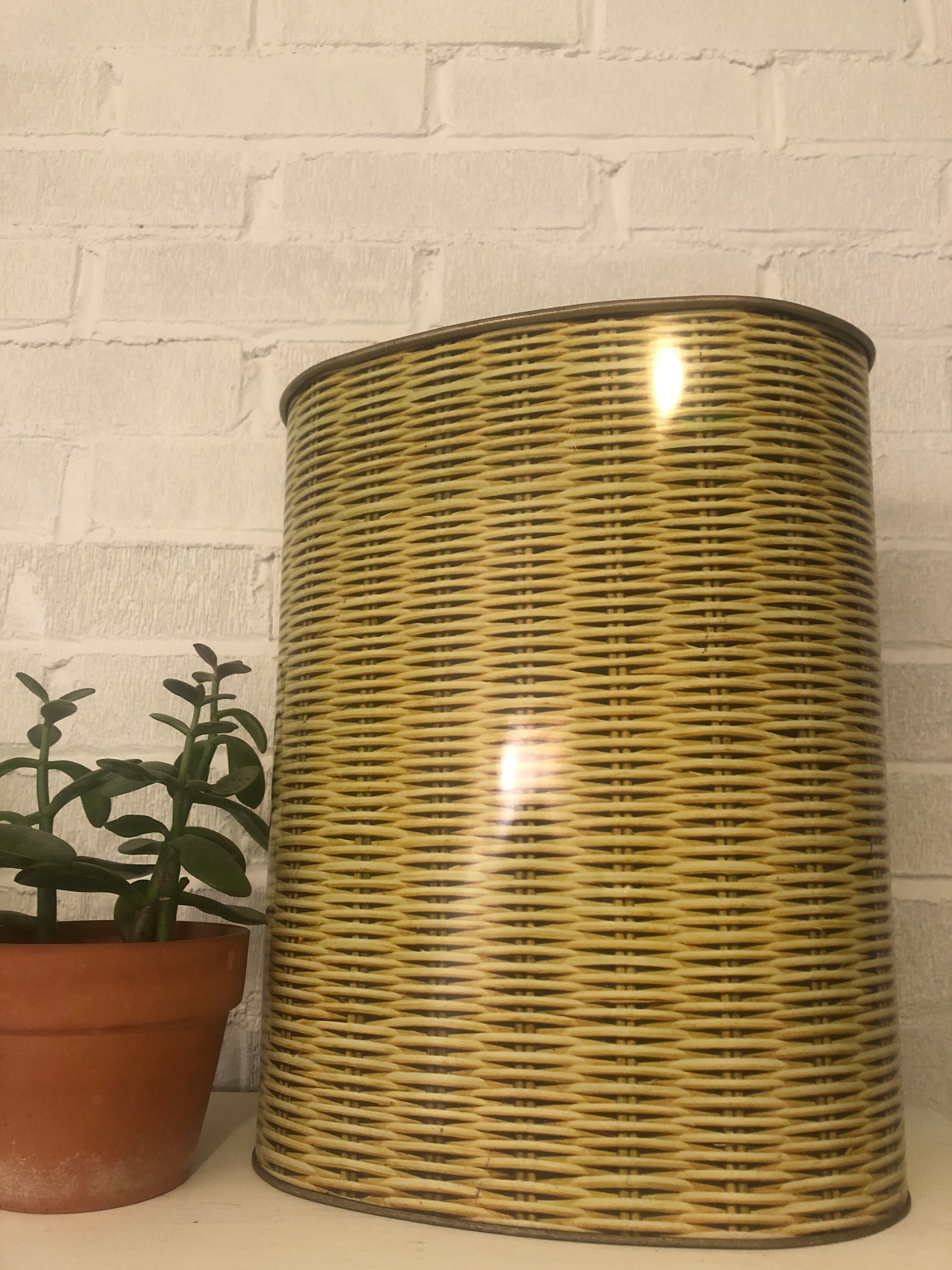 Vintage Metal Waste Basket Trash Can Yellow Printed Old 1970s Etsy