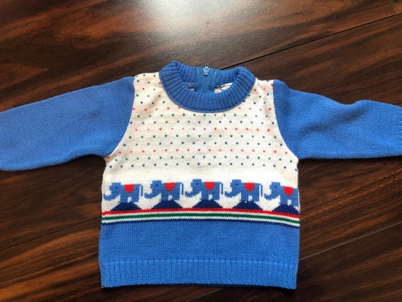Size 3-6 Months Vintage Croissant Baby Boys Sweater Set Blue Overalls with Dinosaur Applique /& Contrast White Pullover Sweater Top