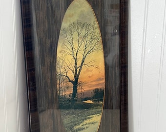 Vintage Antique Tree Sunset Print Framed wood grain matting and frame picture wall art