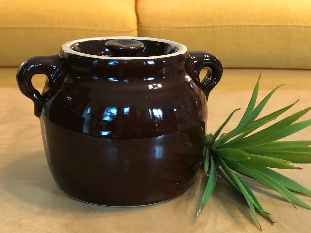 Vintage Antique Brown Stoneware Bean Pot With Lid Pottery Handled Etsy