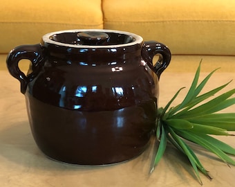 Vintage Antique Brown Stoneware Bean pot with lid Pottery handled